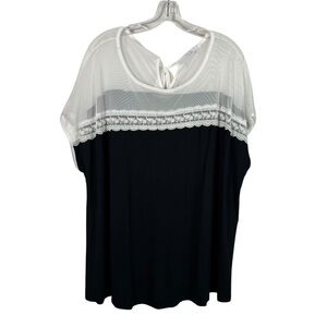 Linda Matthews Black White Mesh Lace Cutout Tie Back Short Sleeve Plus Size Top